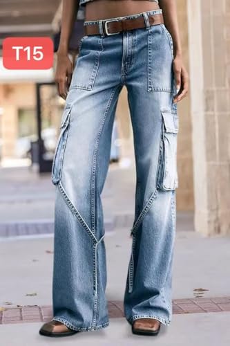 Women's Distressed Cargo Jeans with Multiple Pockets Denim Pants(Belt Not Include)2