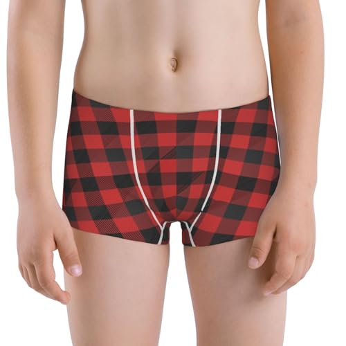 Boys' Cotton Boxer Brief Soft Underwear-Red Black Plaid