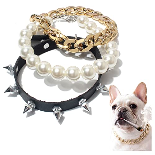 Kosmos-Li Gold Link Chain Punk Pearl Necklace For Dogs Tiny Bling For Small Dog Or Puppy - Lightweight Braided Metal Look - Fits Chihuahua, Yorkie, Mini Breeds - Cute Pet Jewelry And Accessories #TOP7