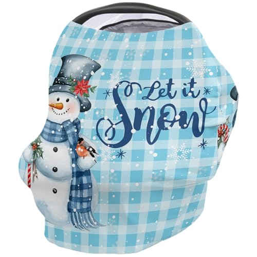 Nursing Cover for Breastfeeding Scarf, Merry Christmas Blue Checkered Snowflake Baby Car Covers Super Soft Multi Use for Canopy Shopping Cart Cover Blanket Stroller Cover