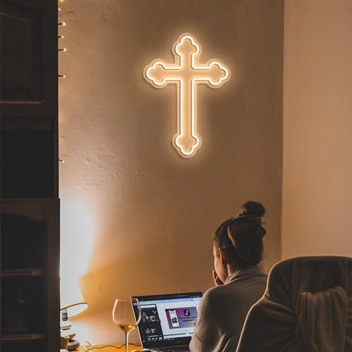 Image of Jesus Cross Neon Signs,Cross Neon Sign Wall Lights Art Lamp Hanging for Home Room Bedroom Christian Wedding Party Wall Decor Christmas New Year Birthday Party Signs