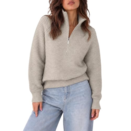 Striped Sweater Women Quarter Zip Sweater Knit Collared Cute Fall Sweaters - image 1