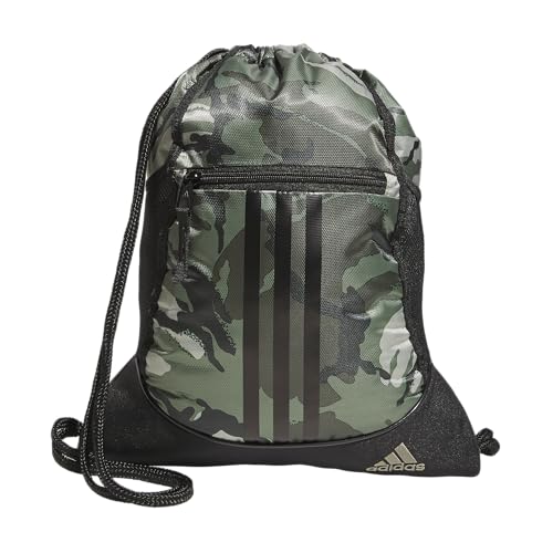 Image of adidas Alliance Sackpack (12l) Lightweight Athletic Small Drawstring Team Sports Workout Bag Discontinued, Woodland Essential Camo Olive Strata /Black /2.0, One Size, Alliance Sackpack (12l) Lightweight