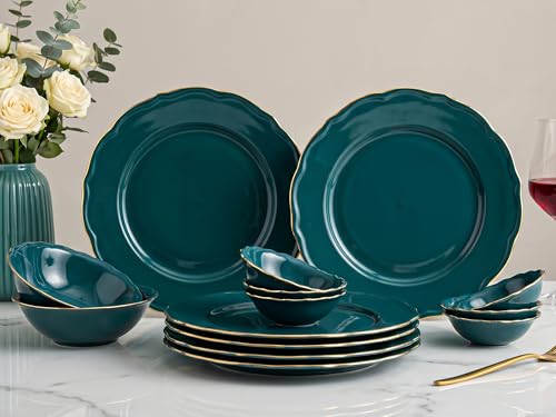 Image of Bodhi House 14-Piece Gold Rim Porcelain Dinner Set | Plates & Bowls Set | Lightweight, Chip Resistant, | Dishwasher Safe | Ideal for Home Dining, Gifting Tableware Set | Teal