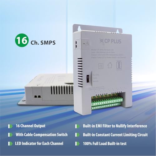 Image of CP PLUS 16 Channel CCTV Power Supply SMPS | 12V 8A High Efficiency Adapter with LED Indicators | EMI Filter | Overload & Short Circuit Protection for Dome, Bullet & PTZ Cameras |CP-DPS-PD16V2-12D