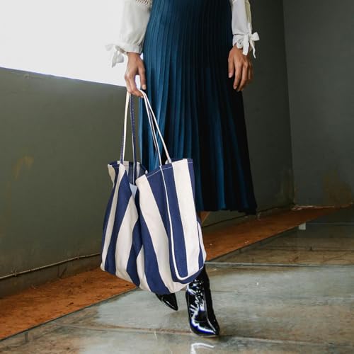 Image of Striped Canvas Tote Handbag for Women Vertical Stripe Large Capacity Shoulder Bag for Shopping Travel