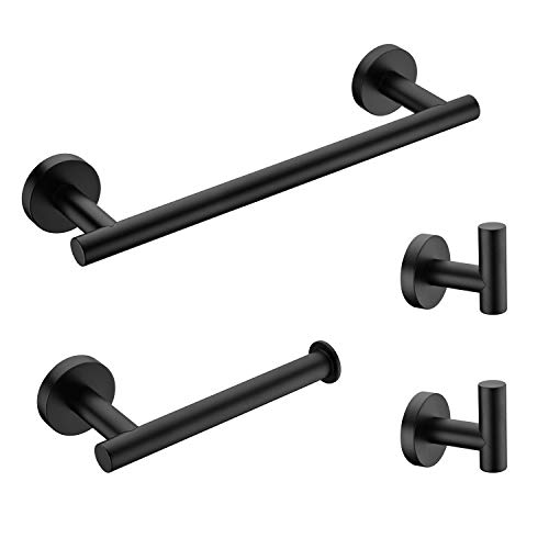 Zexzen 4-Pieces Bathroom Hardware Set Matte Black, Stainless Steel Hardware Set Round Wall Mounted 11.8 Hand Towel Bar, Toilet Paper Holder, 2 Robe Towel Hooks