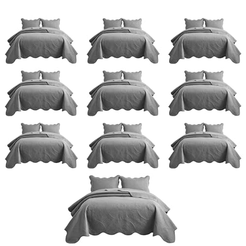 IR Imperial Rooms 10 Pack Queen Quilt Bedding Set (90" x 96") - Bulk Wholesale for Hotels, Guest Bedroom & Airbnbs - Lightweight Microfiber Reversible Floral Embossed Quilts Bedspreads (Grey)