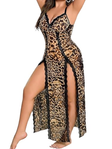 Image of Alrovetoney Plus Size Lingerie For Women Babydoll Sexy Mesh Maxi Nightdress Exotic Sleepwear Side Slits