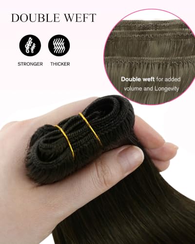 Image of YoungSee 24 Inches Weft Human hair Extensions, Ash Brown Hair Weft Extensions, Sew in Hair Extension Remy for Long Straight Hair, Wefts Real Human Hair for Daily Wear 100g