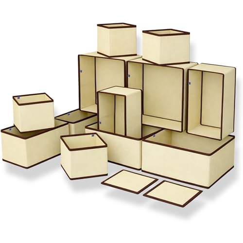 Image of Skrill 12-Piece Foldable Cloth Storage Box Set | Cube Baskets, Bins & Dividers for Closet & Dresser Drawer Organization | Storage for Shirts, Pants, Underwear, Bras, Socks & More - Beige