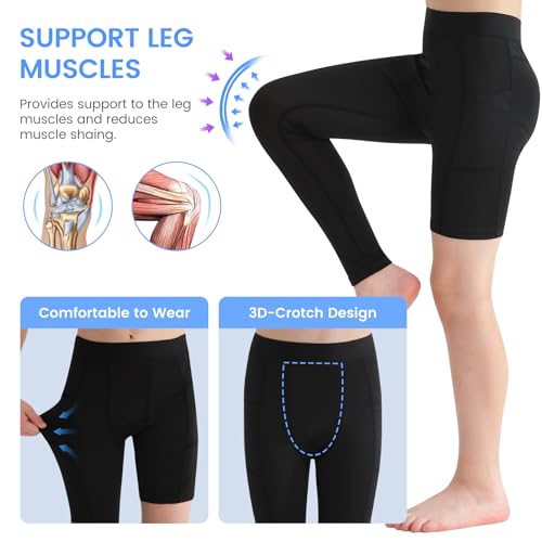 2 Pack Boys Youth One Leg 3/4 Compression Pants Tights for Basketball Running Capris Gym Athletic Base Layer Leggings3