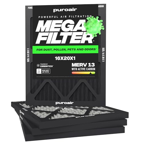 PuroAir MegaFilter - 16x20x1 Air Filter MERV 13 Activated CarbonTech Defense - Heavy Duty 3 Layer Furnace Filters Allergens Pollen Dust Pet Dander Smoke Odors - HVAC Air Filter 16x20x1 (1-Pack)