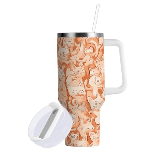GuoChe Vaso aislado al vacío de 40 onzas con pajilla, resistente a fugas, diseño de gatos dulces, naranja, botella de agua corriente reutilizable, taza de acero inoxidable para agua, té helado, café