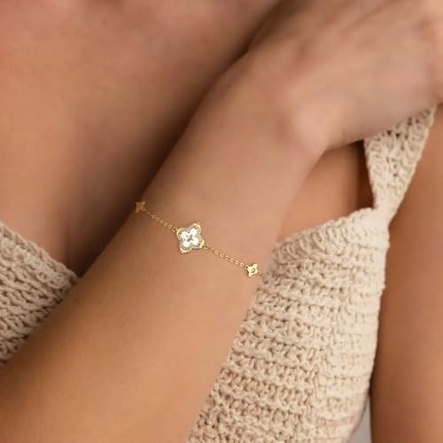 FEEL STYLE Clover Bracelet for Women - 14K Gold/Silver Plated Charm Bracelet with Mother of Pearl & Cubic Zirconia - Lucky Four Leaf Jewelry Gift Adjustable 6.5"+2" Extender3