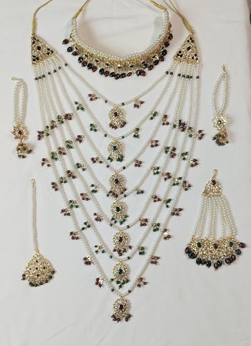 Image of TAZAKKA satlada traditional indian seven stand pearl necklace mughal hisporicall with jadavi earrings side jhumar maang tikka 5pies set