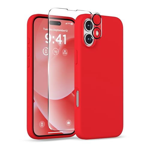 Image of Magnetic for iPhone 16 Case, Compatible with MagSafe, Liquid Silicone Phone Cover with Screen Protector & Camera Protector, Soft Anti-Scratch Microfiber Lining Inside 6.1 inch, Red