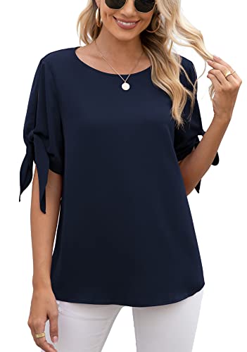 Jouica Women Summer Tops Short Sleeve Casual Fashion Blouses 2023 Knot Cuff Shirts,Navy Blue,Medium #TOP4