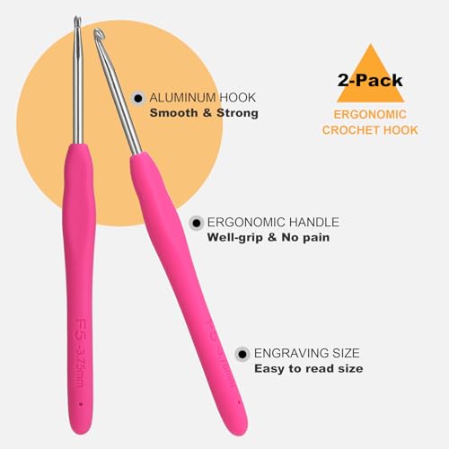 Image of 2Pcs 3.75mm Crochet Hooks, Ergonomic Crochet Hook for Arthritis and Beginners, Extra Long, Smooth, Comfortable (Size F / 3.75mm)