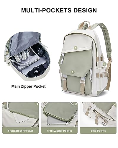 Image of coowoz School Backpack Kids College Aesthetic Cute Backpack Lightweight Casual Daypack Laptop Backpacks Men Women Rucksack Sport High Middle School Bookbag for Girls Boys Gray Green white