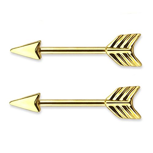 Forbidden Body Jewelry Pair of 14g 12mm Gold IP Plated Surgical Steel Arrow Nipple Piercing Barbells