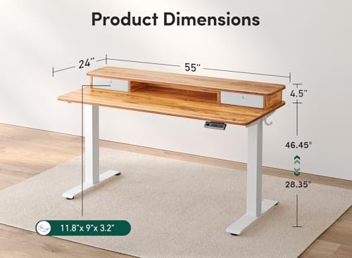 Image of FEZIBO 55 x 24 Inch Height Adjustable Electric Standing Desk with Double Drawer, Computer Desk, Home Office Stand Up Table with 4 Height-Adjustable Feets & 2 Hooks, Light Rustic