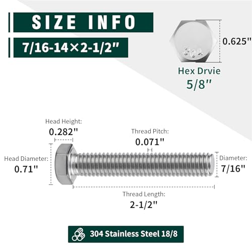 Image of (8 Sets) 7 /16-14 x 2-1 /2 inch Hex Bolt and Nut Kit, 304 Stainless Steel (18-8), Fully Threaded, Flat & Lock Washers Included