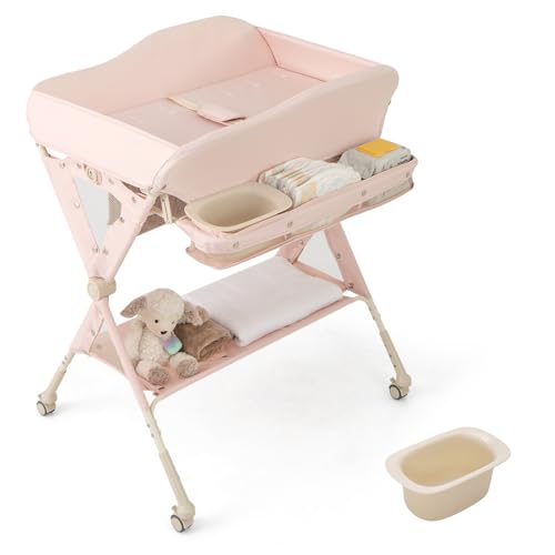 Image of BABY JOY Portable Baby Changing Table, Foldable Diaper Changing Station w/Wheels, Adjustable Height, Large Storage Rack, Water Basin, Safety Belt, Mobile Nursery Organizer for Newborn Infant (Pink)