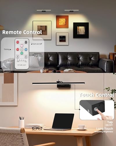 Image of 4 Pack Rechargeable Picture Light, 5200mAh Black Battery Operated Picture Lights for Wall with Remote Control, 300LM 3000K Warm White Light 16 inch Metal Dimmable Picture Light for Painting & Artwork