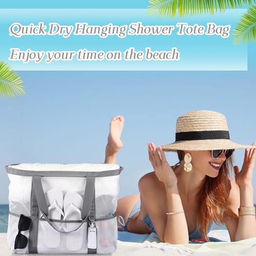 Image of Hillban Large Beach Mesh Bags Bulk for Women Beach Tote Bag with 8 Pocket Zipper Waterproof Sandproof for Pool Cruise Ship