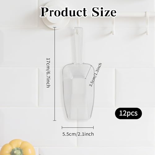 12 Pcs Clear Plastic Ice Scoop, Medium Multi Purpose Plastic Ice Scoop Sets, Ices Cube Scoops for Freezer Ices Machine Dry Goods Canisters Candy Buffet Kitchen Food Coffee Wedding Desserts(6.7 Inch)