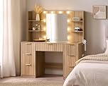 LUXOAK Fluted Dressing Table with Mirror & LED Lights, 7-Drawer Makeup Vanity with Glass Top, Charging Station & Hair Dryer Holder for Women & Girls, Natural Oak