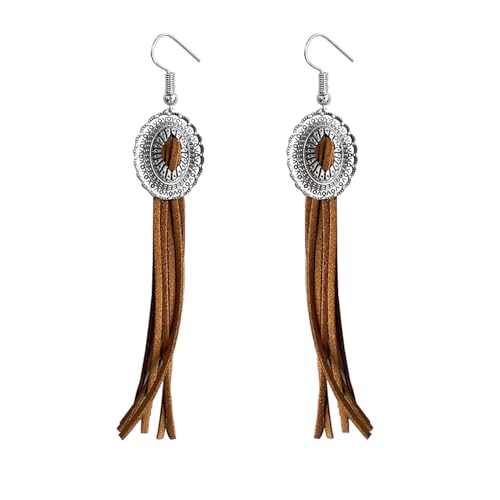 Boho Western Cowgirl Earrings for Women Vintage Leather Tassel Long Drop Earrings Bohemian Brown Leather Earrings Western Trendy Jewelry for Women