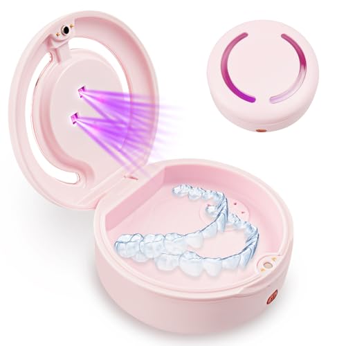 UV Retainer Case with Fan, Retainer Case, Slim Aligner Case with Vent Holes, Compatible with Invisalign, Rechargeable and Portable Retainer Holder Box for invisalign Container Pink