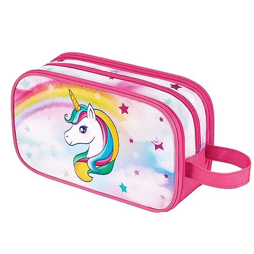 Einhorn Kinder Kulturtasche Mädchen - Kinder Kulturbeutel Zum Aufhängen Großer Waschbeutel Kosmetiktasche für Mädchen Camping Reise Heim Wasserdicht Tragbar Waschtasche für Geschenk