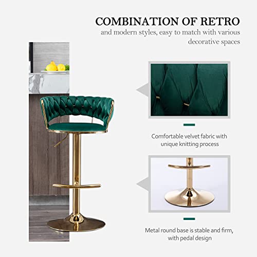 Kiztir 360° Velvet Swivel Bar Stools Set Of 4, Adjustable Counter Height Bar Chairs With Woven Back & Footrest, Luxury Gold Bar Stools For Kitchen Island, Cafe, Pub (Green) #TOP1