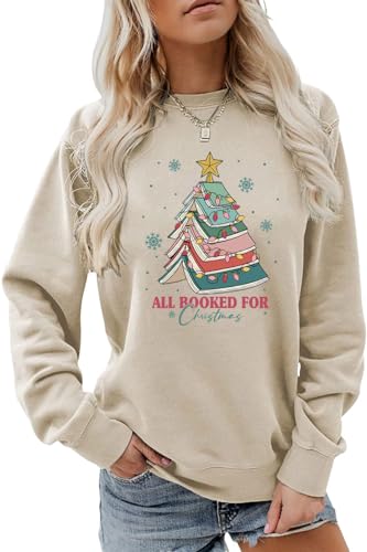FREEPPCC All Booked for Sweat-shirt décontracté à col rond Motif sapin de Noël Flocon de neige, beige, XL
