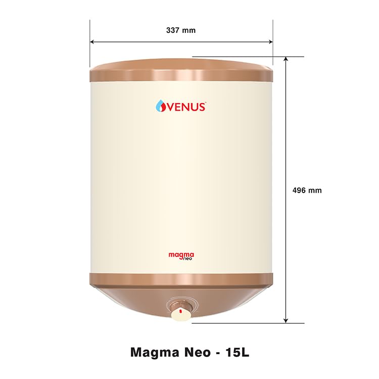 Image of Venus Magma Neo 15 (015SE) Litre 5 Star Vertical Storage Water Heater, Ivory and White, Electric, with Double Ceramic Heating Element, PUF Insulation, Glass Lined Tank, 220V