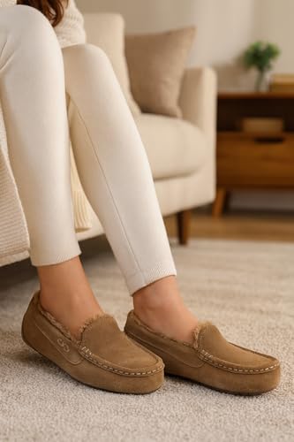 Image of Project Cloud 100% Genuine Leather Slippers for Women - Fur Lined Outdoor Slippers for Women Footwear with Memory Foam - Stylish Womens Moccasin (Cathi)