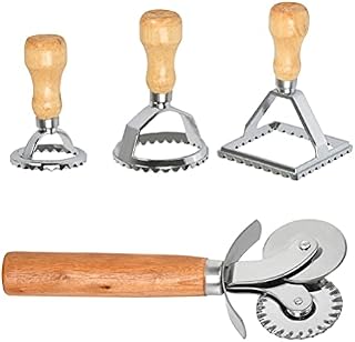4 PCS Ravioli Stamp Maker Cutter, Stainless Steel Pastry Dumpling Maker Moulds with Wooden Handle and Fluted Edge, Round Square Ravioli Dumpling Maker Set for Making Ravioli, Empanadas or Cookies