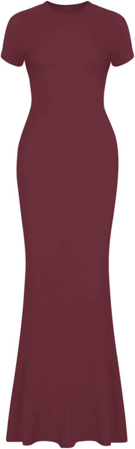 REORIA Women's Basic Summer Casual Lounge Long Dress Elegant Short Sleeve Crew Neck Bodycon Maxi Dresses - Image 5