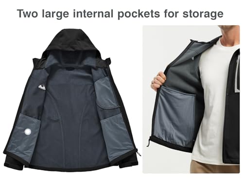 Rdruko Men's Outdoor Softshell Jacket Full Zip Fleece Lined Waterproof Hiking Climbing Hooded Jacket, 01 Black, Large - Image 5