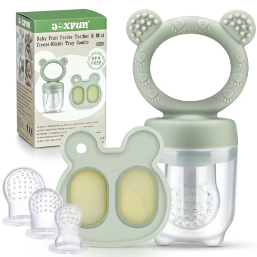 Baby Fruit Food Feeder Pacifier & Mini Freezer Nibble Tray Combo, Breastmilk Popsicle Molds for Cooling Relief, BPA Free Silicone Feeder to Safely Introduce New Foods, Double as Teething Toys