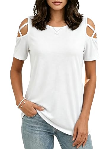 Image of Jar of Love Women's Summer Tops Short Sleeve Cold Shoulder Tops T-Shirts for Women Spring Summer Tops Loose Fit Tunic 2026