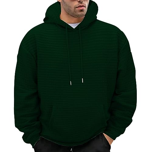 Mens Oversized Waffle Knit Hooded Sweatshirts Casual Lightweight Long Sleeve Drawstring Solid Color Pullover Hoodies