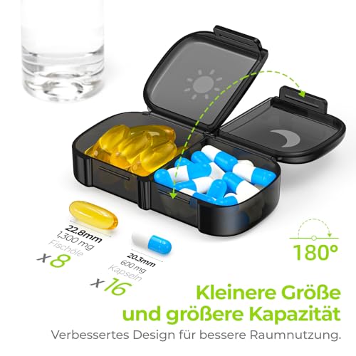 AUVON Tablettenbox 7 Tage Morgens Abends, Handlicher Medikamentenbox Pillendose mit großen Fächern & Privacy-Schutz in Schwarz - Ideal für Medikamente, Vitamine, Fischöl & Nahrungsergänzungsmittel