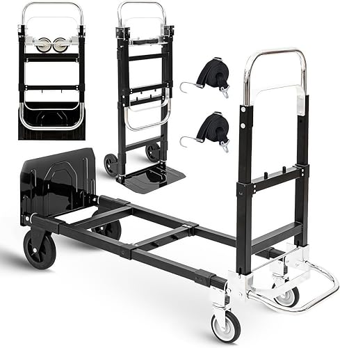 3 in1 Heavy Duty Convertible Hand Truck Dolly Cart, Folding Trolley Cart with Wheels, 600lbs Capacity for Transport Moving in Warehouse, Supermarket, Equipment (Black)