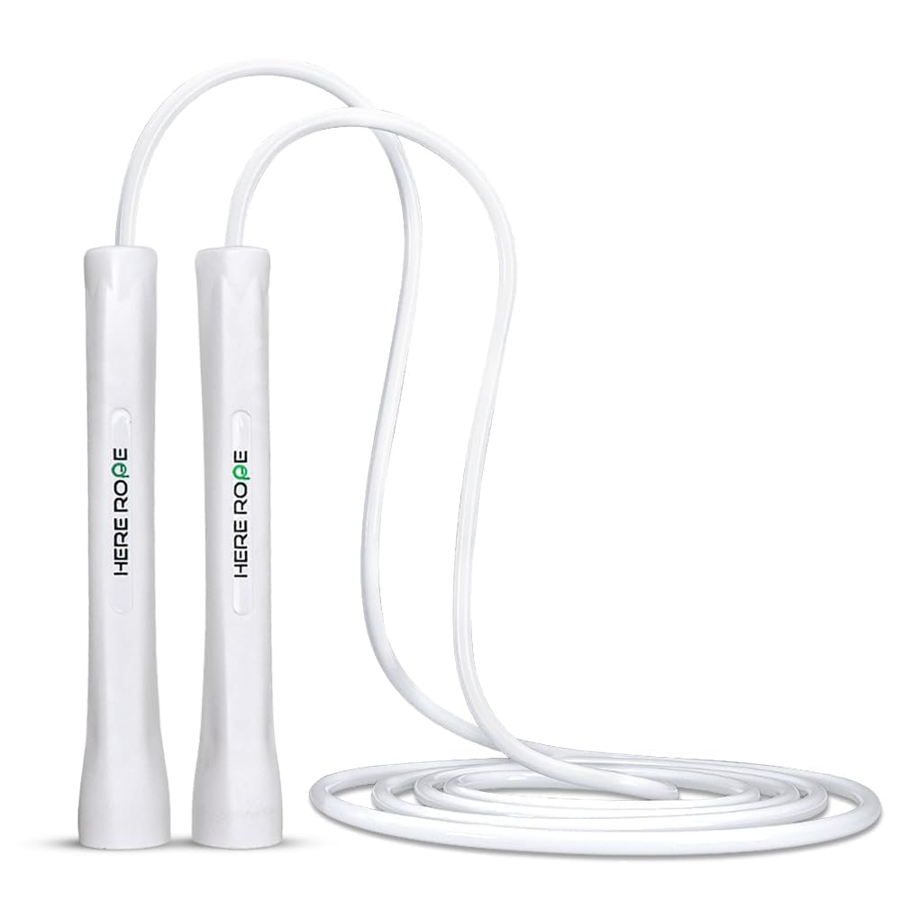 HEREROPE Adjustable Jump Rope – 5mm PVC Skipping Rope with Unbreakable Handles, Non-Kinking, Includes 1 Spare Rope for Indoor & Outdoor Fitness Training for Men, Women & Kids (White-White)