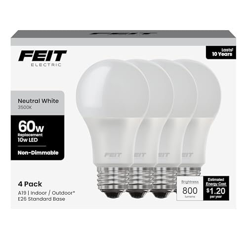 Feit Electric A19 LED Light Bulb, 60W Equivalent, E26 Medium Base, 800 Lumens, 3500K Neutral White, Non-Dimmable Standard Light Bulb, 10-year Lifetime, A800/835/10KLED/4, 4 Packs