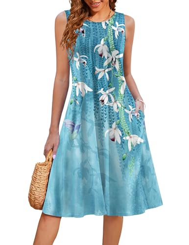 Image of HOTOUCH Summer Casual Dresses for Women Sleeveless Midi Dress Swing Tank Sundress Pleated Tshirt Dress with Pockets